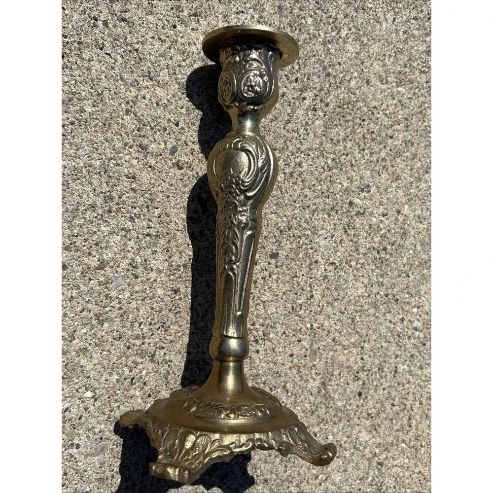 Vintage Brass Candlestick Rococo Baroque Floral Taper India Victorian Heavy